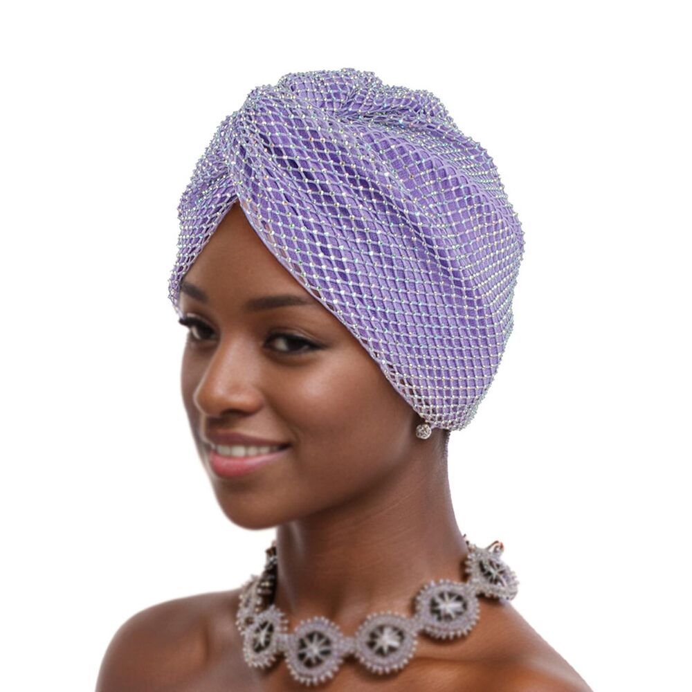 4951 Mesh Jeweled African Turban Cap Head Wraps Hijab Durag Beanies Skull